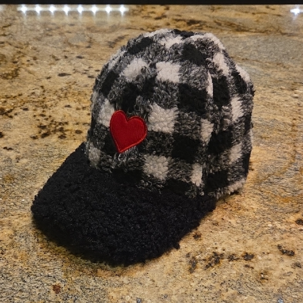 Plaid Black and White Kids Cap with Heart Patch